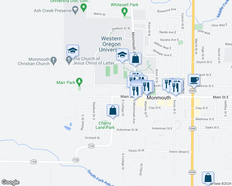 map of restaurants, bars, coffee shops, grocery stores, and more near 375 Main Street West in Monmouth