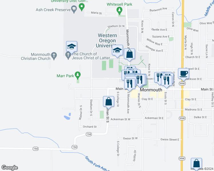 map of restaurants, bars, coffee shops, grocery stores, and more near 375 Main Street West in Monmouth