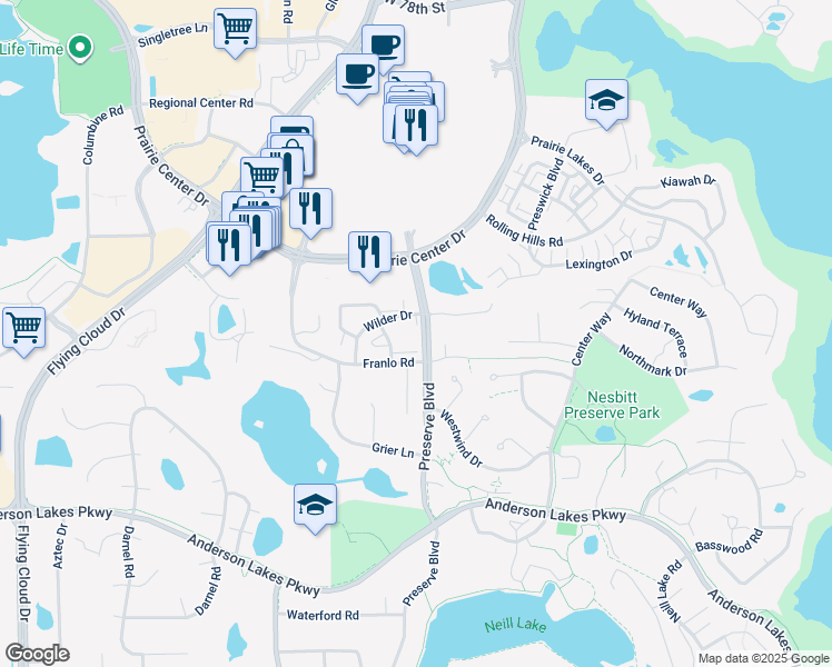 map of restaurants, bars, coffee shops, grocery stores, and more near 8580 Franlo Road in Eden Prairie