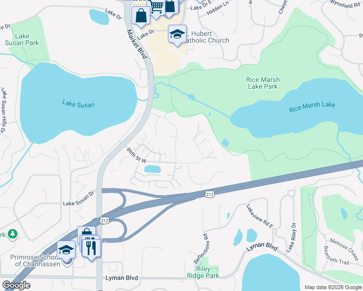 map of restaurants, bars, coffee shops, grocery stores, and more near 8590 Tigua Lane in Chanhassen