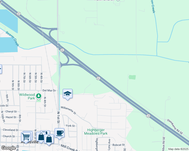 map of restaurants, bars, coffee shops, grocery stores, and more near North Santiam Highway Southeast in Aumsville