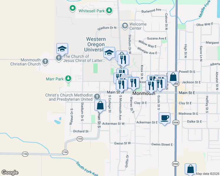 map of restaurants, bars, coffee shops, grocery stores, and more near 261 Main Street East in Monmouth