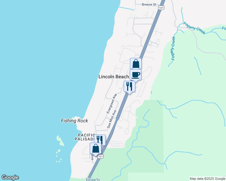 map of restaurants, bars, coffee shops, grocery stores, and more near 3815 Evergreen Avenue in Depoe Bay