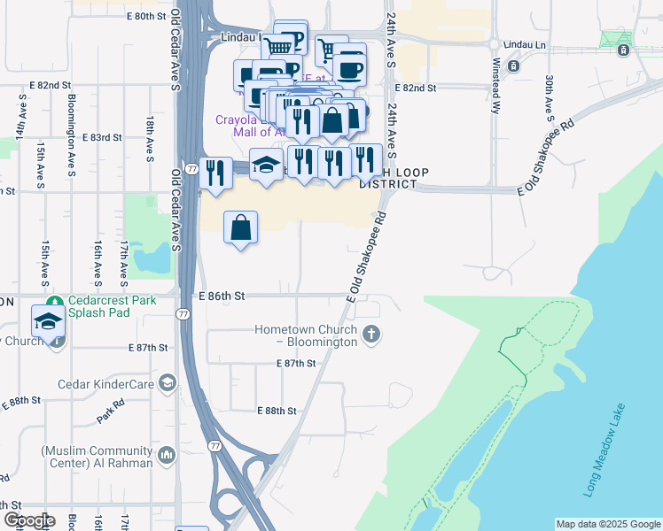 map of restaurants, bars, coffee shops, grocery stores, and more near 2224 East 86th Street in Bloomington