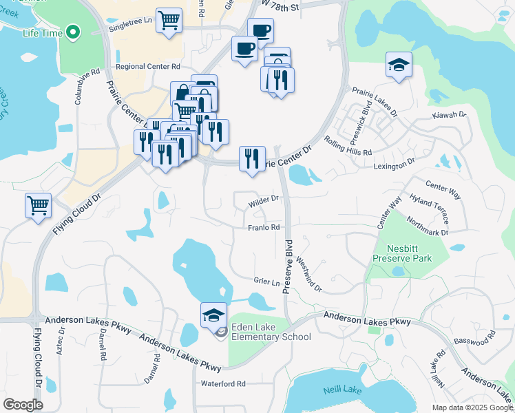 map of restaurants, bars, coffee shops, grocery stores, and more near 8580 Franlo Road in Eden Prairie