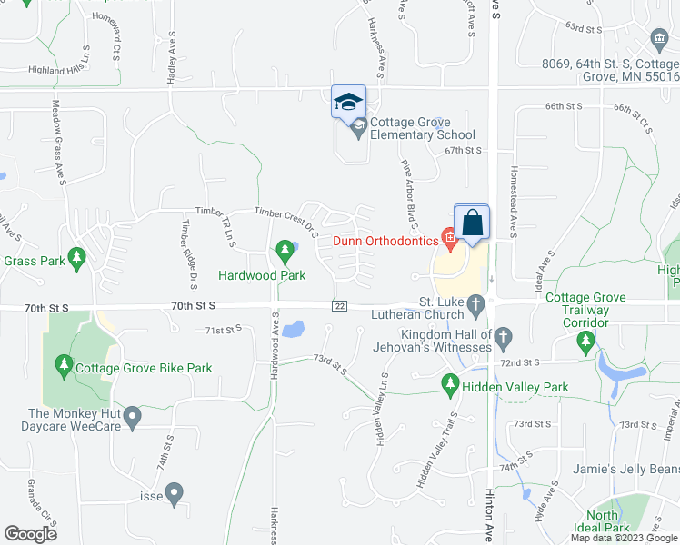 map of restaurants, bars, coffee shops, grocery stores, and more near 6998 Pine Crest Trail South in Cottage Grove