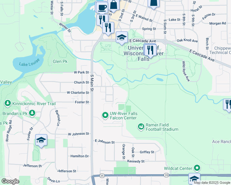 map of restaurants, bars, coffee shops, grocery stores, and more near 208 1/2 Sycamore Street in River Falls