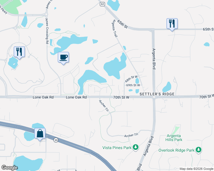 map of restaurants, bars, coffee shops, grocery stores, and more near 6962 Archer Trail in Inver Grove Heights