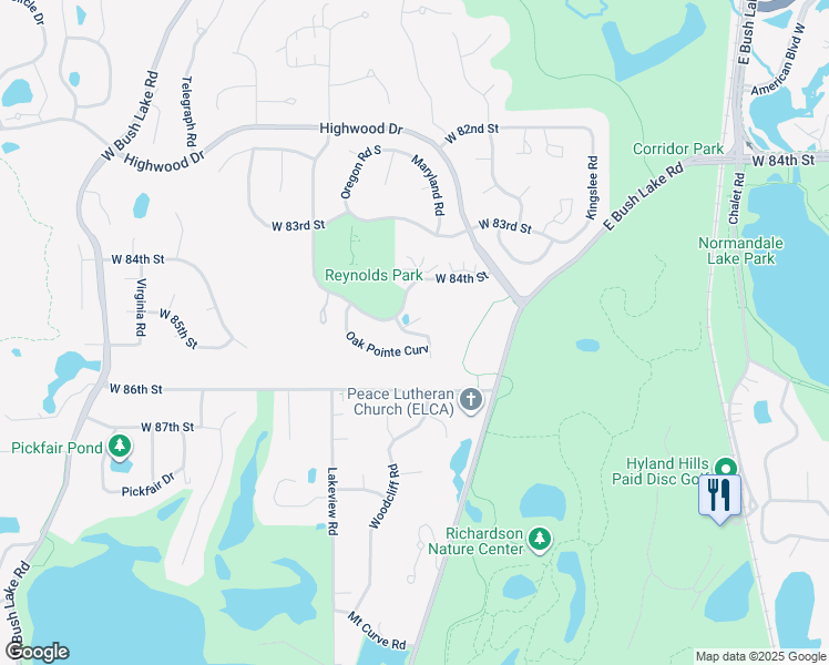 map of restaurants, bars, coffee shops, grocery stores, and more near 7061 Oak Pointe Curve in Bloomington