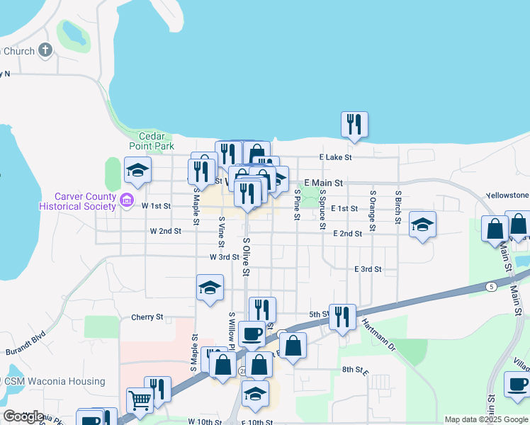 map of restaurants, bars, coffee shops, grocery stores, and more near 141 South Elm Street in Waconia