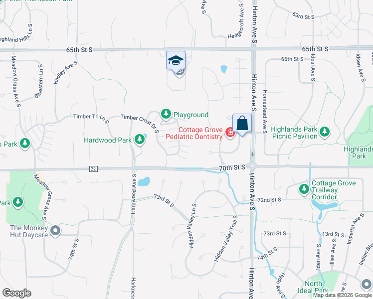map of restaurants, bars, coffee shops, grocery stores, and more near 6835 Pine Crest Trail South in Cottage Grove