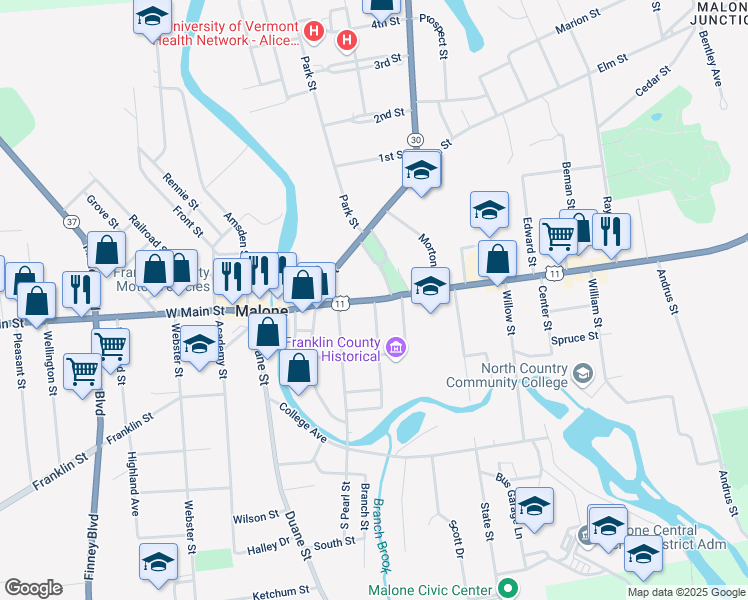 map of restaurants, bars, coffee shops, grocery stores, and more near Washington Street in Malone