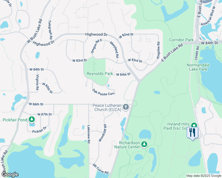 map of restaurants, bars, coffee shops, grocery stores, and more near 7061 Oak Pointe Curve in Bloomington