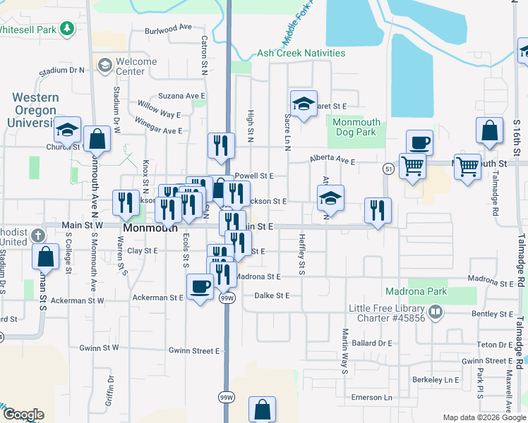 map of restaurants, bars, coffee shops, grocery stores, and more near 110 Craven Street South in Monmouth