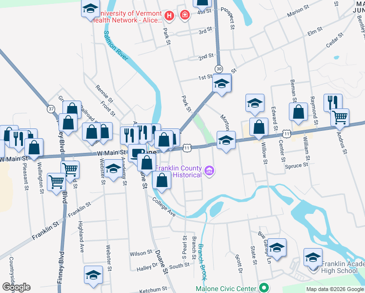 map of restaurants, bars, coffee shops, grocery stores, and more near 465 East Main Street in Malone