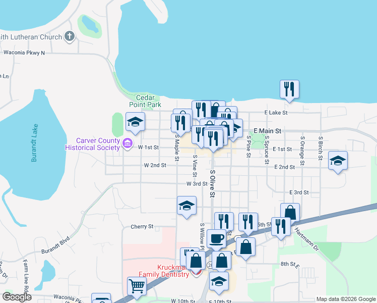 map of restaurants, bars, coffee shops, grocery stores, and more near 209 West 1st Street in Waconia