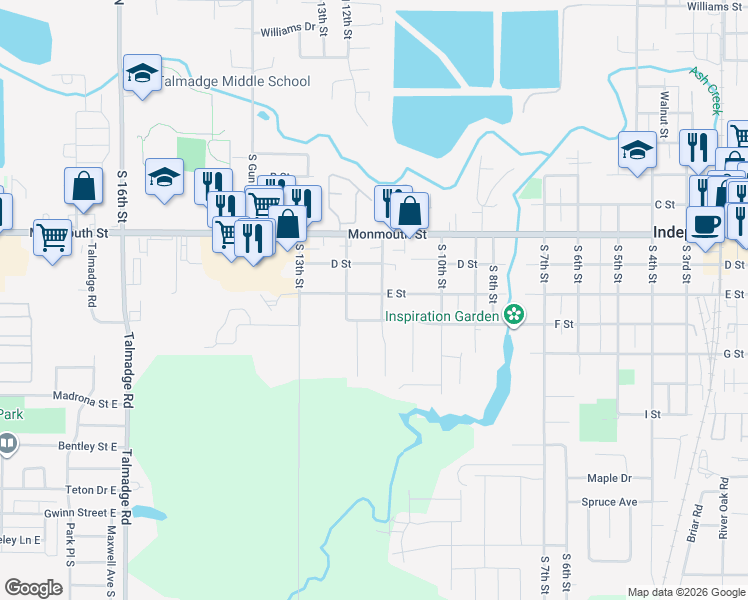 map of restaurants, bars, coffee shops, grocery stores, and more near 1123 E Street in Independence