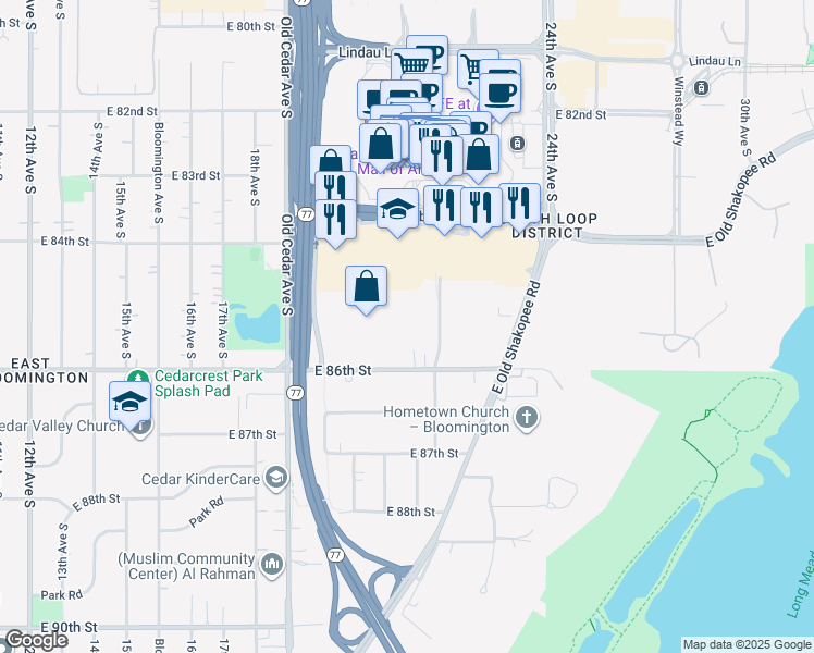 map of restaurants, bars, coffee shops, grocery stores, and more near 1926 East 86th Street in Bloomington