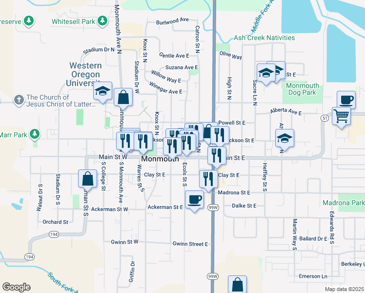 map of restaurants, bars, coffee shops, grocery stores, and more near 343 Main Street East in Monmouth
