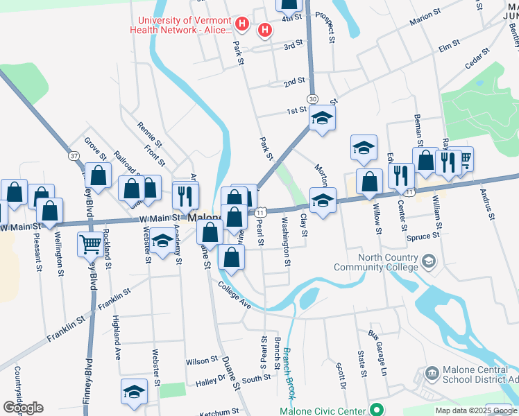map of restaurants, bars, coffee shops, grocery stores, and more near 13 Pearl Street in Malone