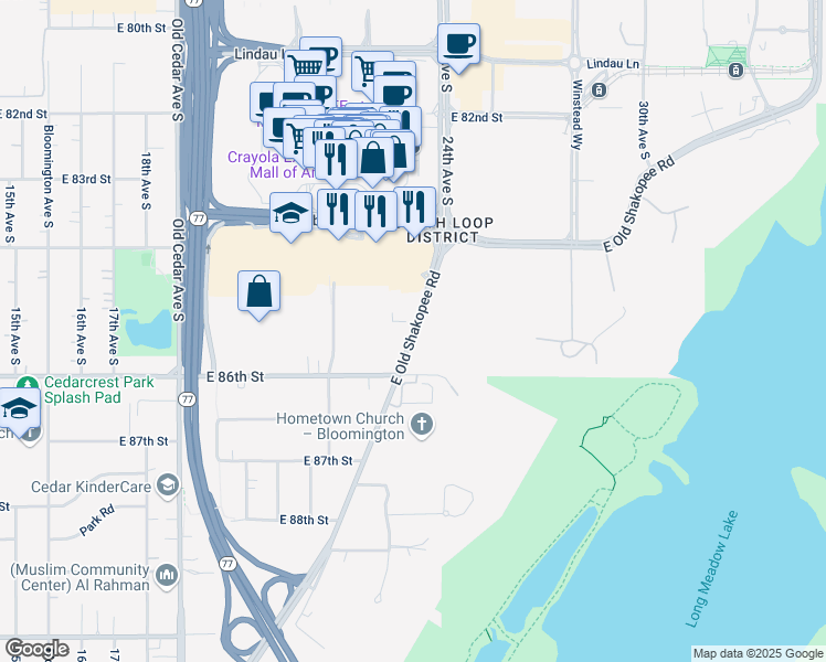 map of restaurants, bars, coffee shops, grocery stores, and more near 2300 East 86th Street in Bloomington