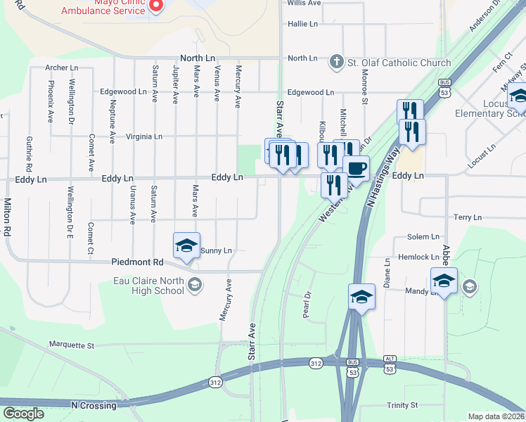 map of restaurants, bars, coffee shops, grocery stores, and more near 2868 Starr Avenue in Eau Claire