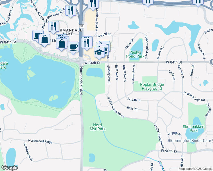 map of restaurants, bars, coffee shops, grocery stores, and more near 8532 Stanley Avenue South in Minneapolis