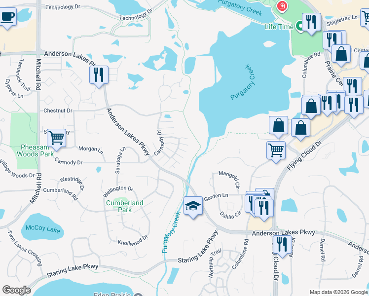 map of restaurants, bars, coffee shops, grocery stores, and more near 8475 Cortland Road in Eden Prairie