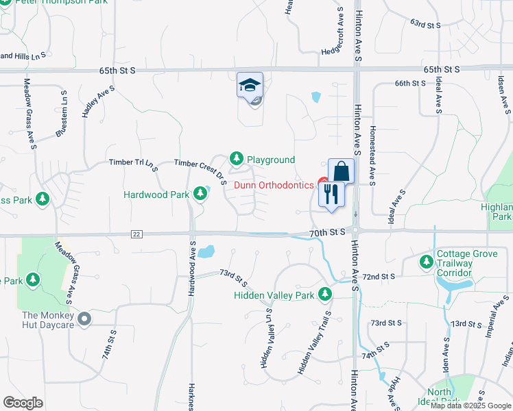 map of restaurants, bars, coffee shops, grocery stores, and more near 6835 Pine Crest Trail South in Cottage Grove