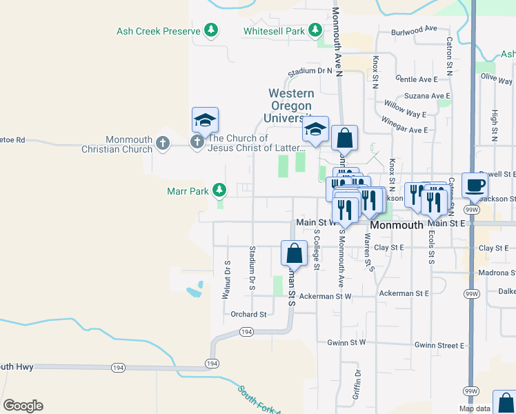 map of restaurants, bars, coffee shops, grocery stores, and more near 175 Stadium Drive North in Monmouth