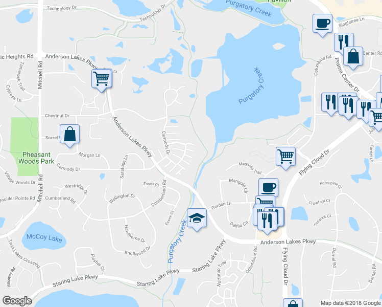 map of restaurants, bars, coffee shops, grocery stores, and more near 8445 Cortland Road in Eden Prairie