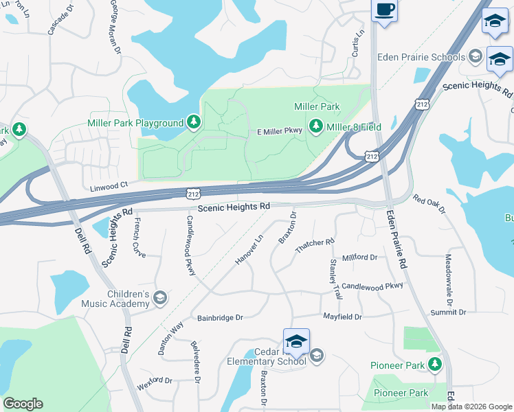 map of restaurants, bars, coffee shops, grocery stores, and more near Scenic Heights Road in Eden Prairie