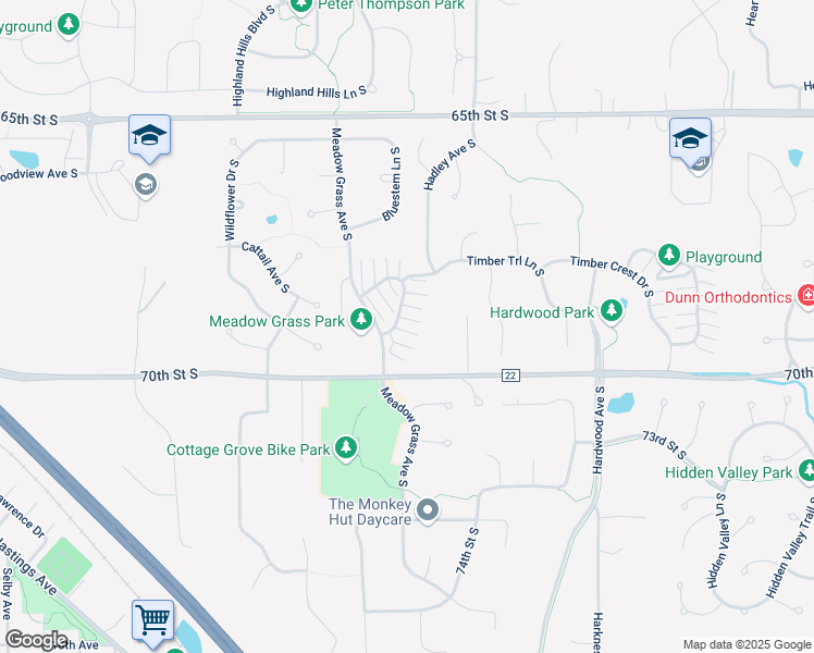 map of restaurants, bars, coffee shops, grocery stores, and more near 6852 Meadow Grass Lane South in Cottage Grove