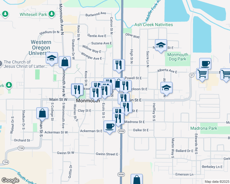 map of restaurants, bars, coffee shops, grocery stores, and more near 220 Pacific Avenue North in Monmouth