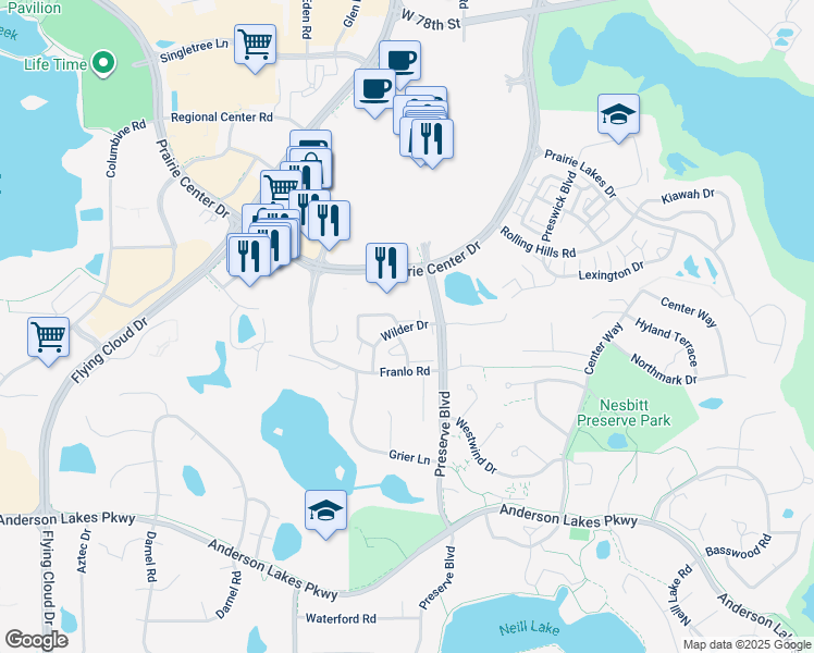 map of restaurants, bars, coffee shops, grocery stores, and more near 11605 Wilder Drive in Eden Prairie