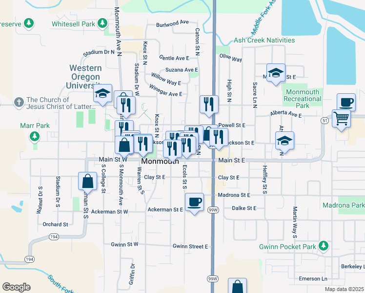 map of restaurants, bars, coffee shops, grocery stores, and more near 391 Jackson Street East in Monmouth