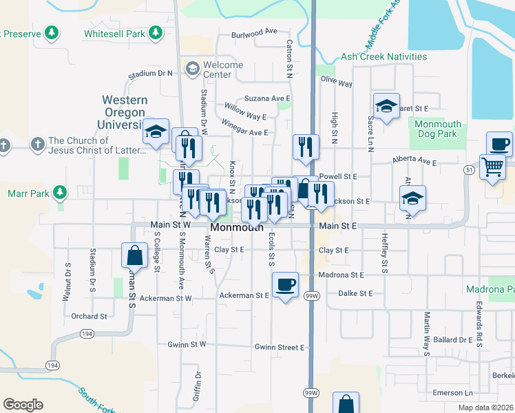 map of restaurants, bars, coffee shops, grocery stores, and more near 239 Broad Street North in Monmouth