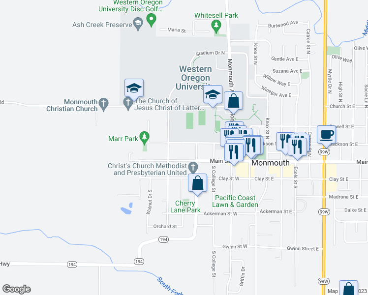map of restaurants, bars, coffee shops, grocery stores, and more near 475 Jackson Street West in Monmouth