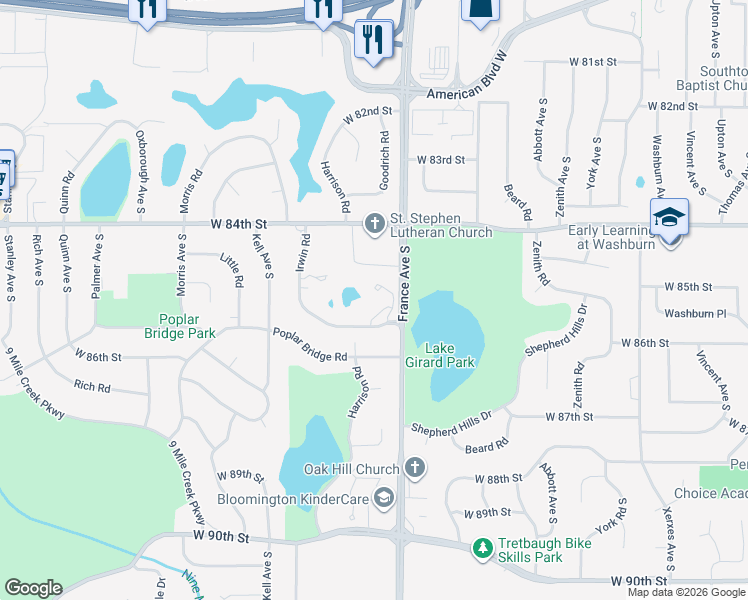 map of restaurants, bars, coffee shops, grocery stores, and more near 8549 Irwin Road in Minneapolis