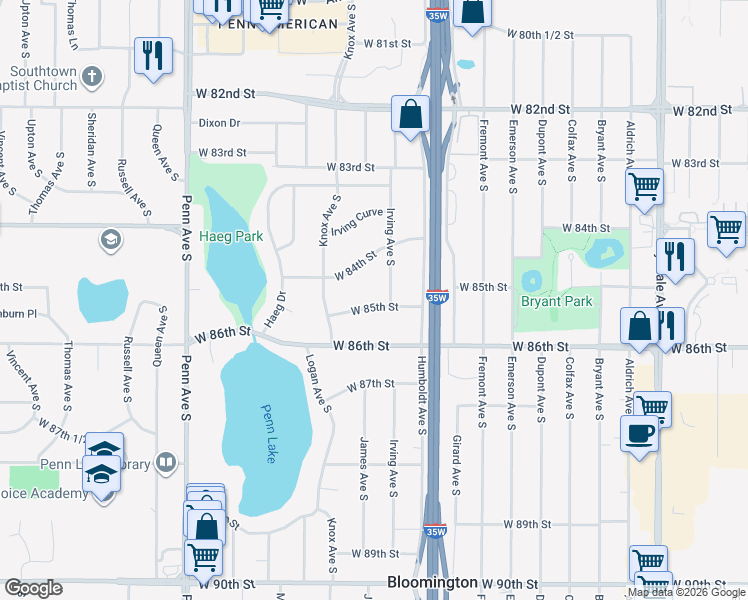 map of restaurants, bars, coffee shops, grocery stores, and more near 1717 West 84th Street in Bloomington