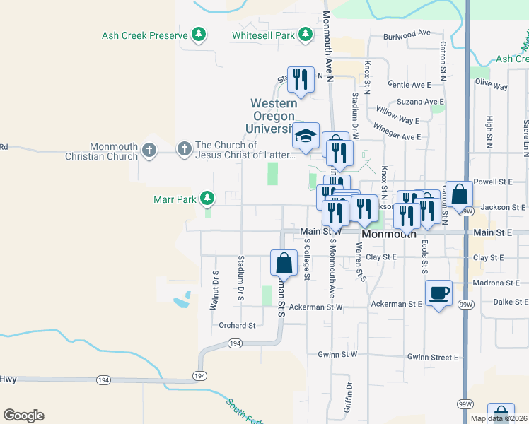 map of restaurants, bars, coffee shops, grocery stores, and more near 475 Jackson Street West in Monmouth