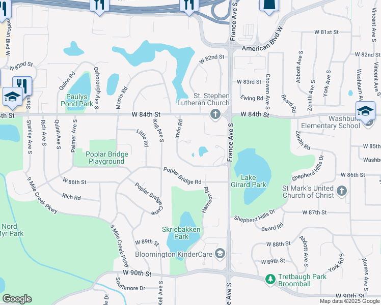 map of restaurants, bars, coffee shops, grocery stores, and more near 8433 Irwin Road in Minneapolis
