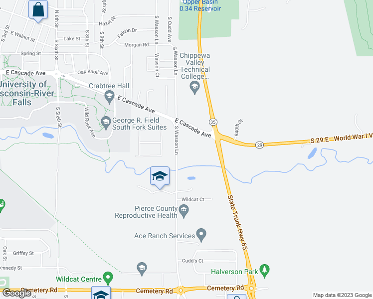 map of restaurants, bars, coffee shops, grocery stores, and more near 902 South Wasson Lane in River Falls