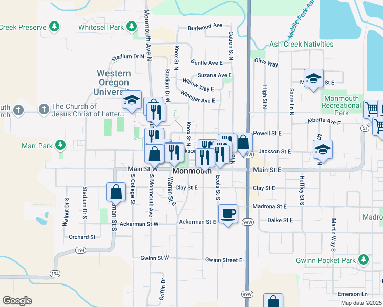 map of restaurants, bars, coffee shops, grocery stores, and more near 189 Knox Street North in Monmouth