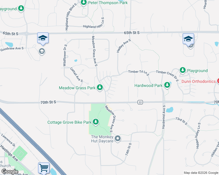 map of restaurants, bars, coffee shops, grocery stores, and more near 6832 Meadow Grass Lane South in Cottage Grove