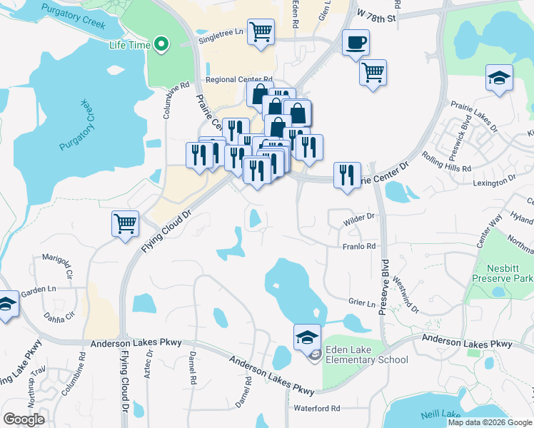 map of restaurants, bars, coffee shops, grocery stores, and more near 8470 Franlo Road in Eden Prairie