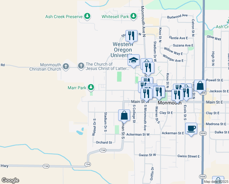 map of restaurants, bars, coffee shops, grocery stores, and more near 475 Jackson Street West in Monmouth
