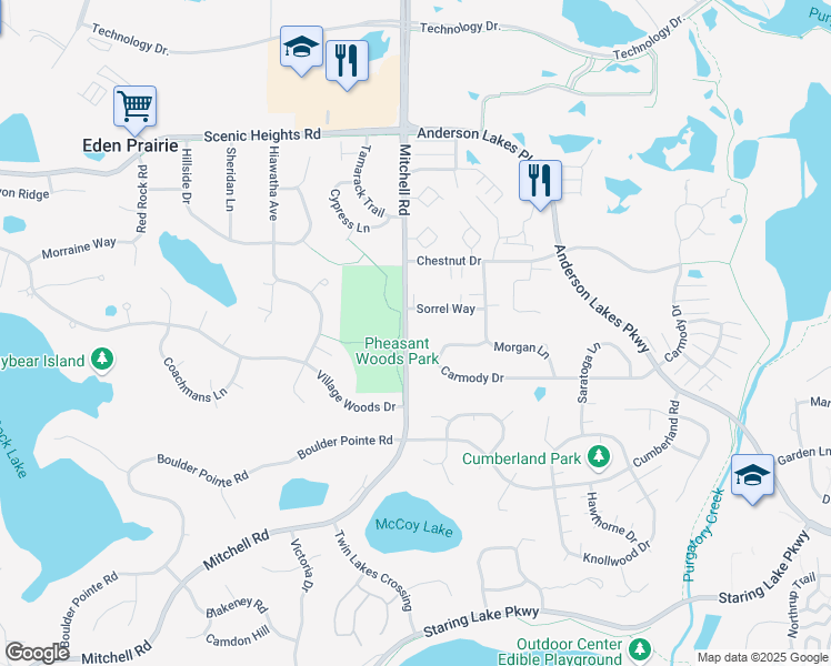 map of restaurants, bars, coffee shops, grocery stores, and more near 8503 Mitchell Road in Eden Prairie