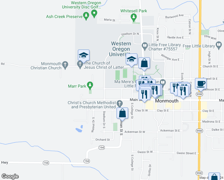 map of restaurants, bars, coffee shops, grocery stores, and more near 527 Jackson Street West in Monmouth