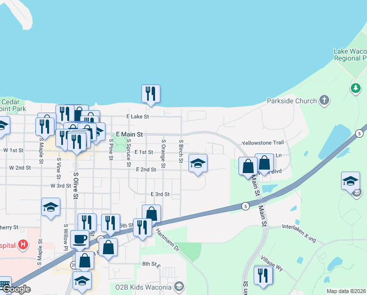 map of restaurants, bars, coffee shops, grocery stores, and more near 453 East Main Street in Waconia